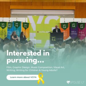 Banner that says "Interested in pursuing Film, Graphic Design, Music Composition, Visual Art, Writing, Writing for Children & Young Adults?"
